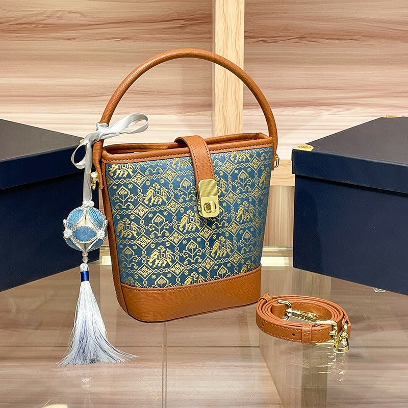 Vibrant Contrast Brocade Mini Bucket Handbag: Artisanal Crossbody Phone Pouch