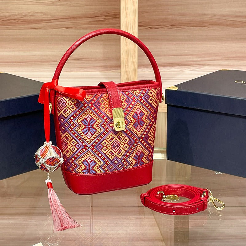 Vibrant Contrast Brocade Mini Bucket Handbag: Artisanal Crossbody Phone Pouch
