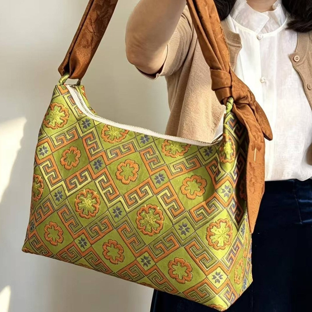Dynasty Woven Brocade Large Tote: Elegant Handcrafted Shoulder & Crossbody Handbag