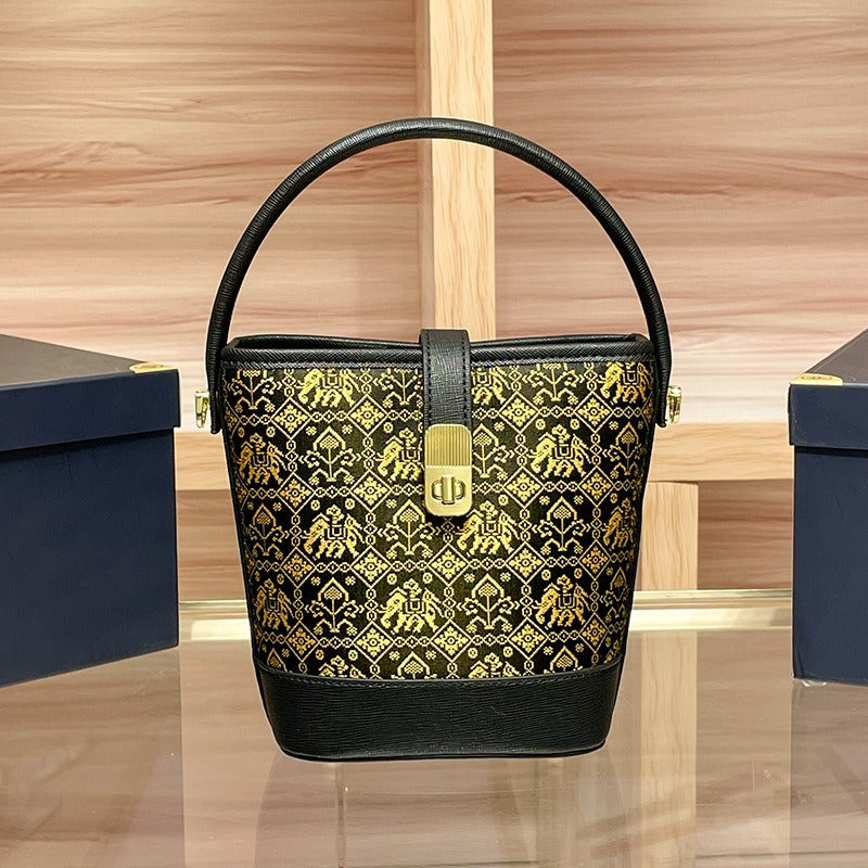 Vibrant Contrast Brocade Mini Bucket Handbag: Artisanal Crossbody Phone Pouch