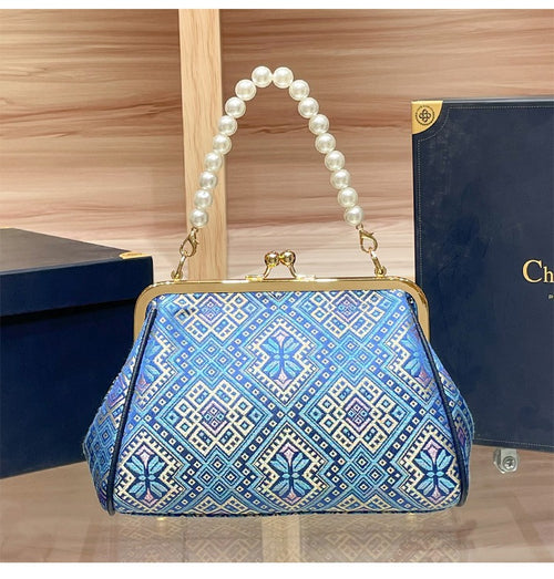 Dynasty Pearl Beaded Evening Clutch: Embroidered Silk Jacquard Gala Handbag