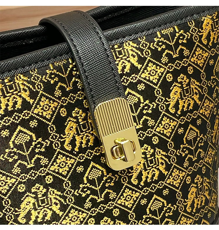 Vibrant Contrast Brocade Mini Bucket Handbag: Artisanal Crossbody Phone Pouch
