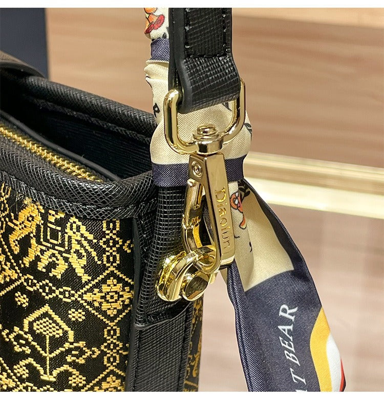 Vibrant Contrast Brocade Mini Bucket Handbag: Artisanal Crossbody Phone Pouch