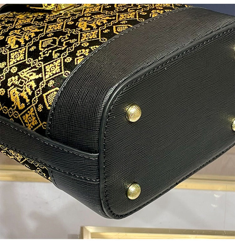 Vibrant Contrast Brocade Mini Bucket Handbag: Artisanal Crossbody Phone Pouch