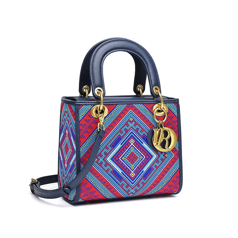 Women’s Designer Brocade Top-Handle Bag, Niche Vintage Jacquard Shoulder Crossbody Handbag with Strap