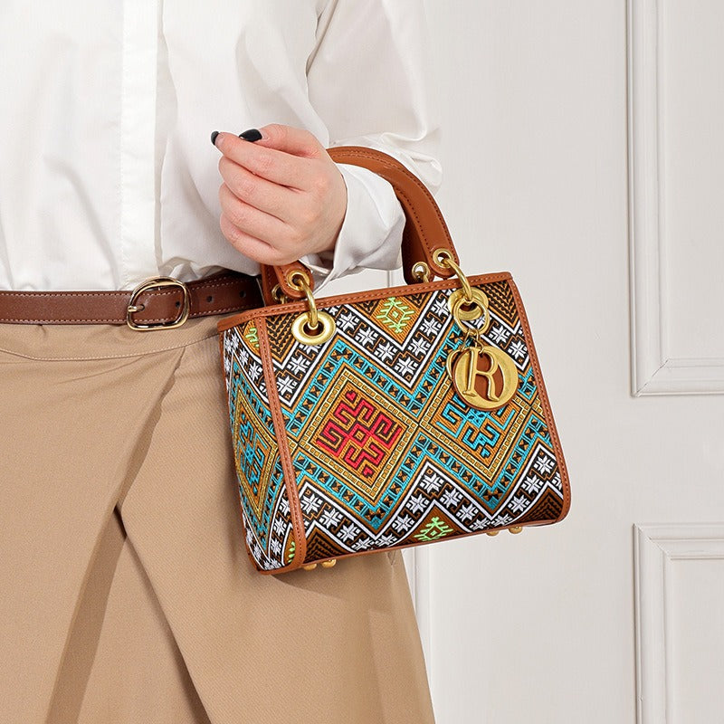 Women’s Designer Brocade Top-Handle Bag, Niche Vintage Jacquard Shoulder Crossbody Handbag with Strap