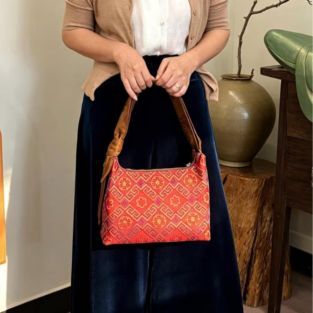 Dynasty Woven Brocade Large Tote: Elegant Handcrafted Shoulder & Crossbody Handbag