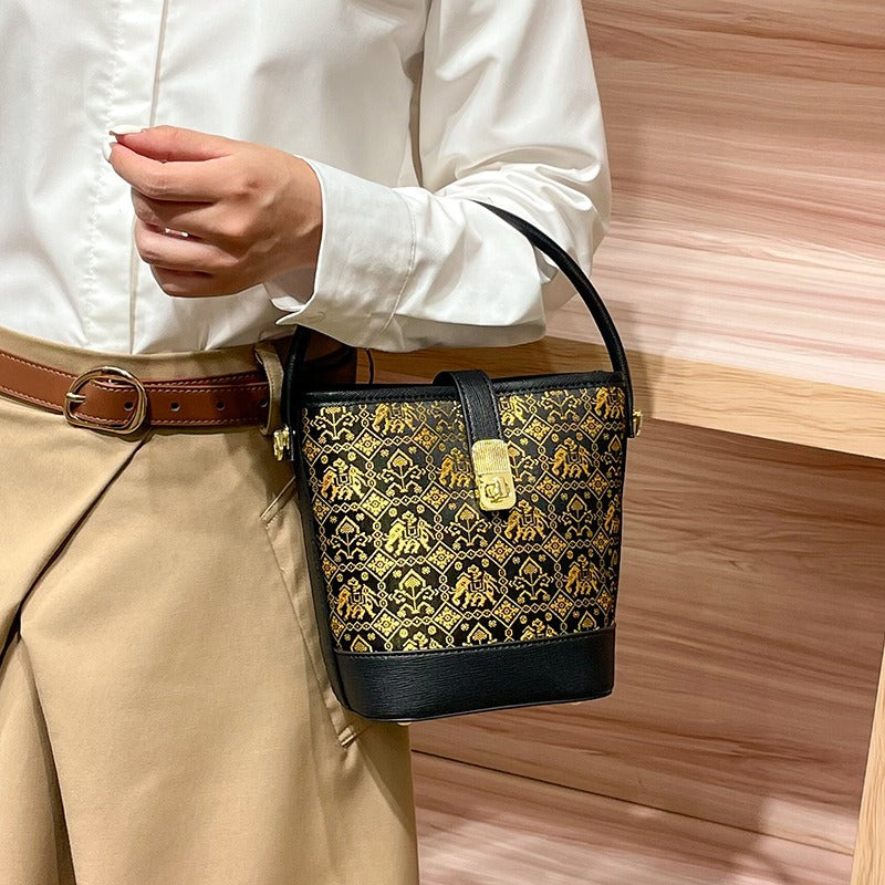 Vibrant Contrast Brocade Mini Bucket Handbag: Artisanal Crossbody Phone Pouch