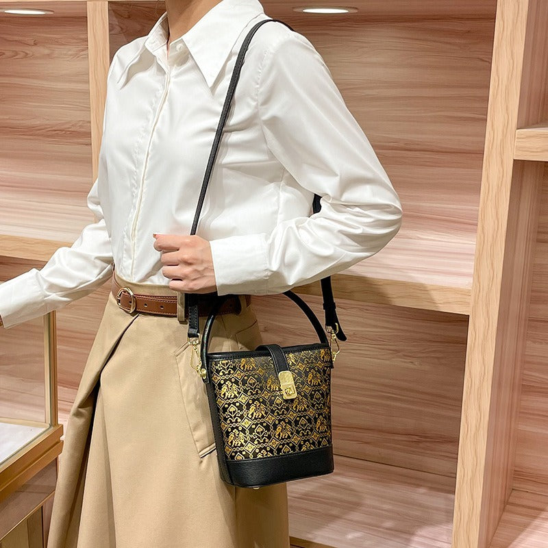 Vibrant Contrast Brocade Mini Bucket Handbag: Artisanal Crossbody Phone Pouch