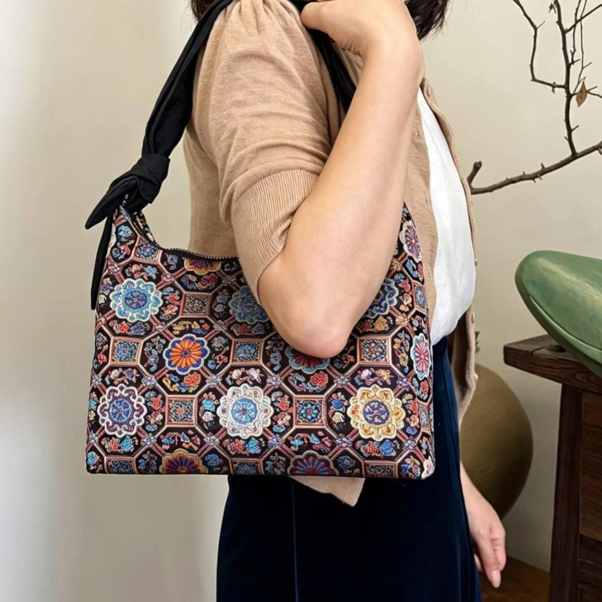 Dynasty Woven Brocade Large Tote: Elegant Handcrafted Shoulder & Crossbody Handbag