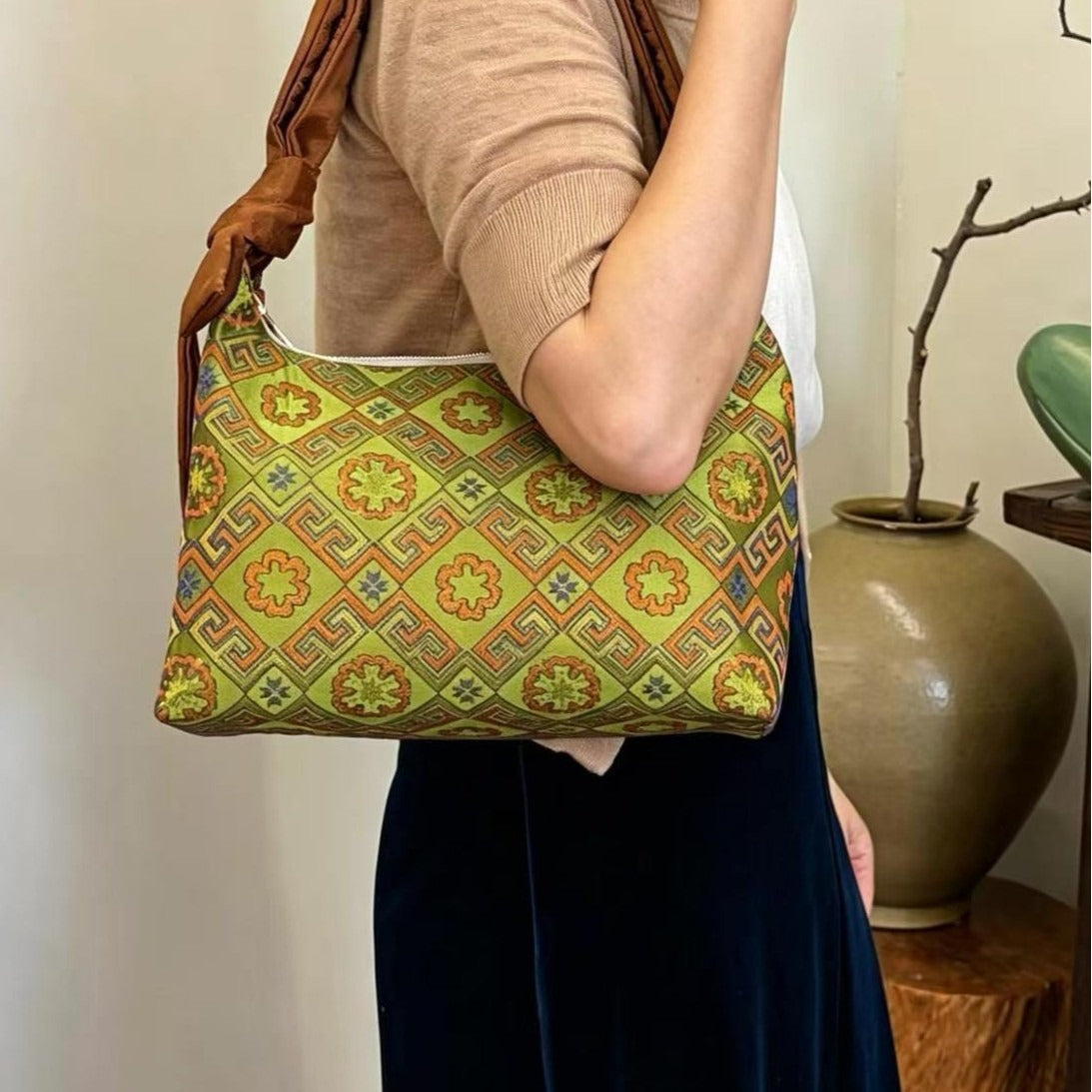 Dynasty Woven Brocade Large Tote: Elegant Handcrafted Shoulder & Crossbody Handbag