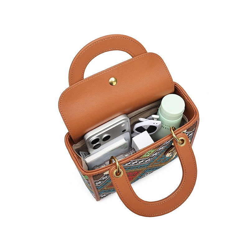 Women’s Designer Brocade Top-Handle Bag, Niche Vintage Jacquard Shoulder Crossbody Handbag with Strap