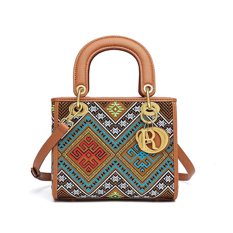 Women’s Designer Brocade Top-Handle Bag, Niche Vintage Jacquard Shoulder Crossbody Handbag with Strap