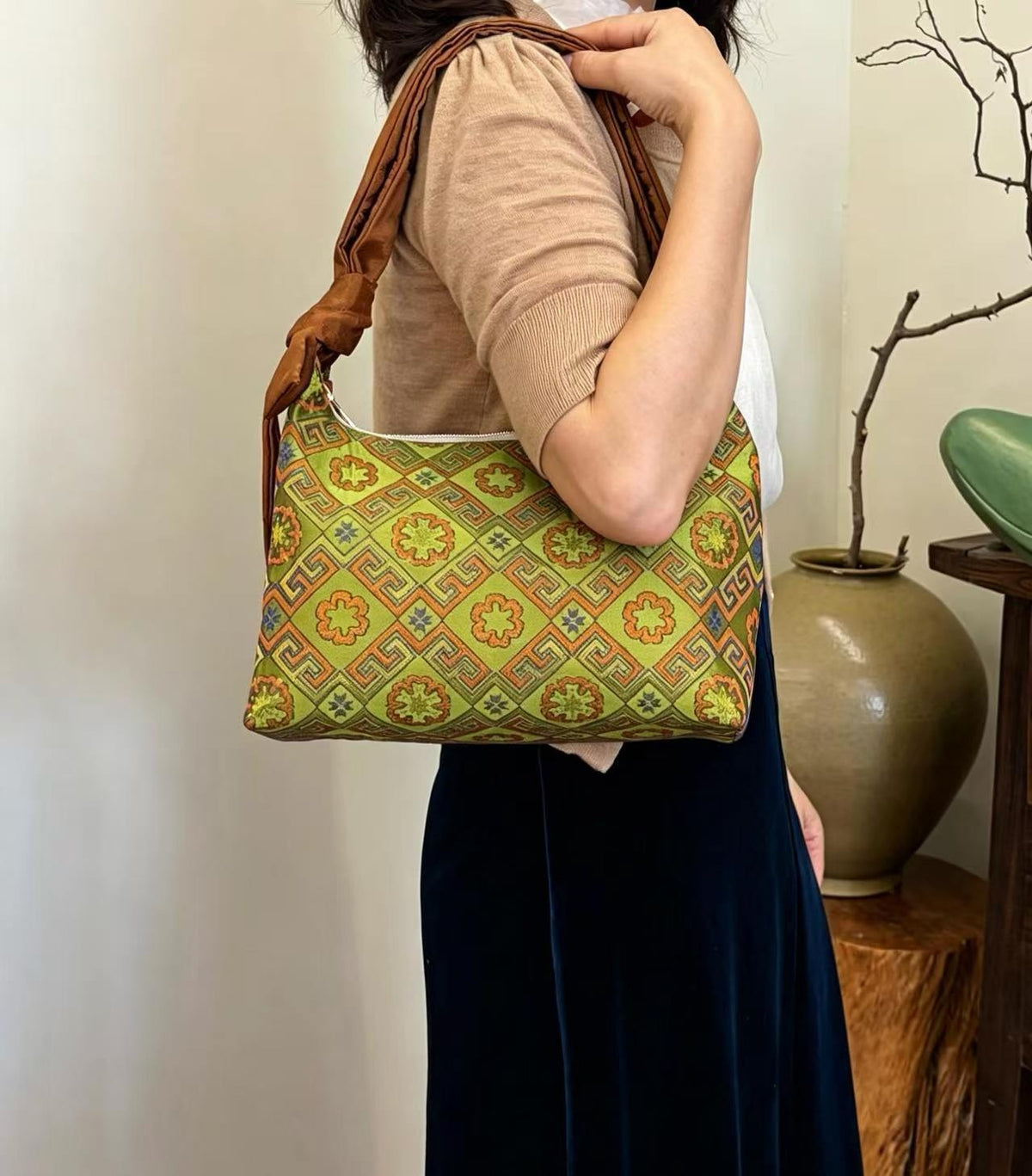 Dynasty Woven Brocade Large Tote: Elegant Handcrafted Shoulder & Crossbody Handbag