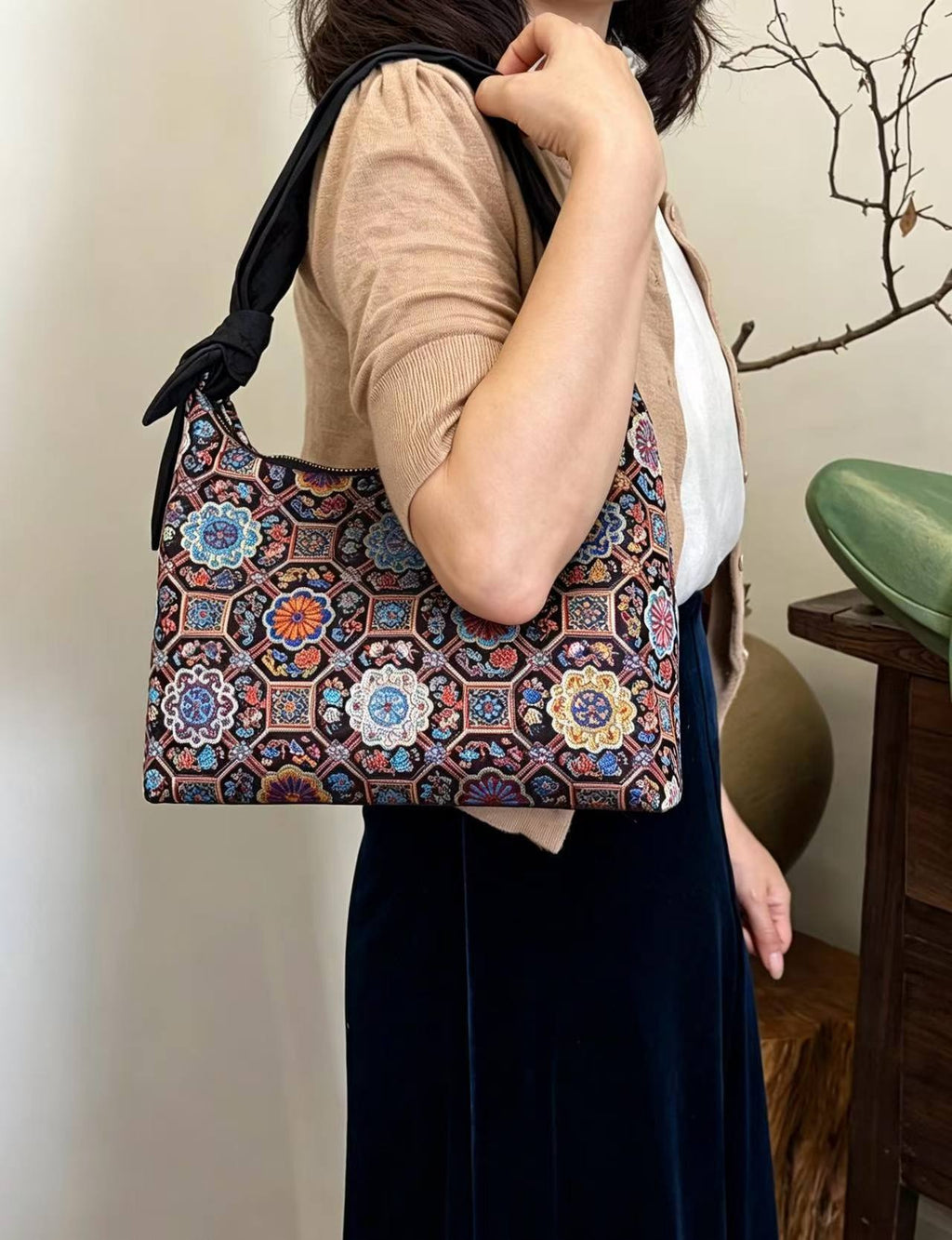 Dynasty Woven Brocade Large Tote: Elegant Handcrafted Shoulder & Crossbody Handbag