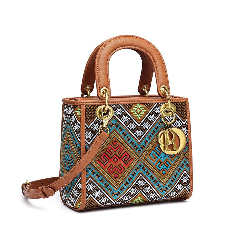 Women’s Designer Brocade Top-Handle Bag, Niche Vintage Jacquard Shoulder Crossbody Handbag with Strap