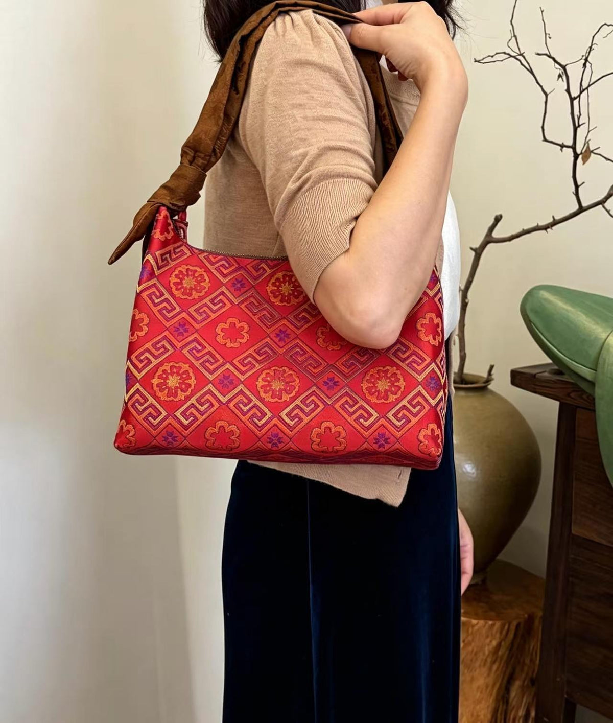 Dynasty Woven Brocade Large Tote: Elegant Handcrafted Shoulder & Crossbody Handbag