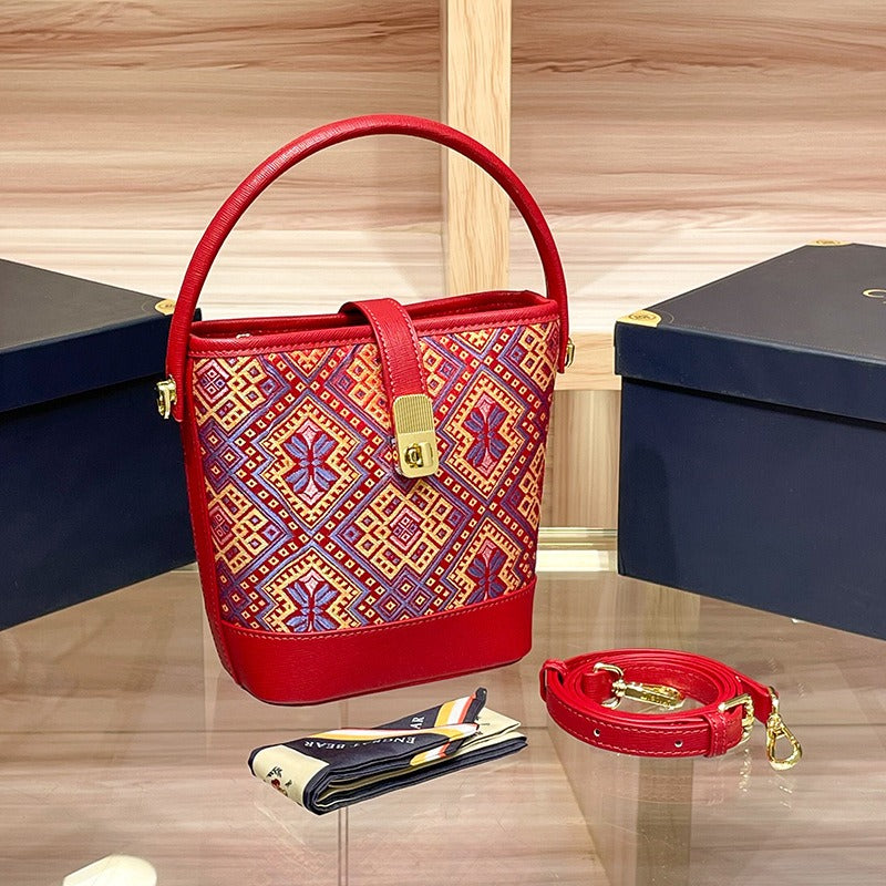 Vibrant Contrast Brocade Mini Bucket Handbag: Artisanal Crossbody Phone Pouch