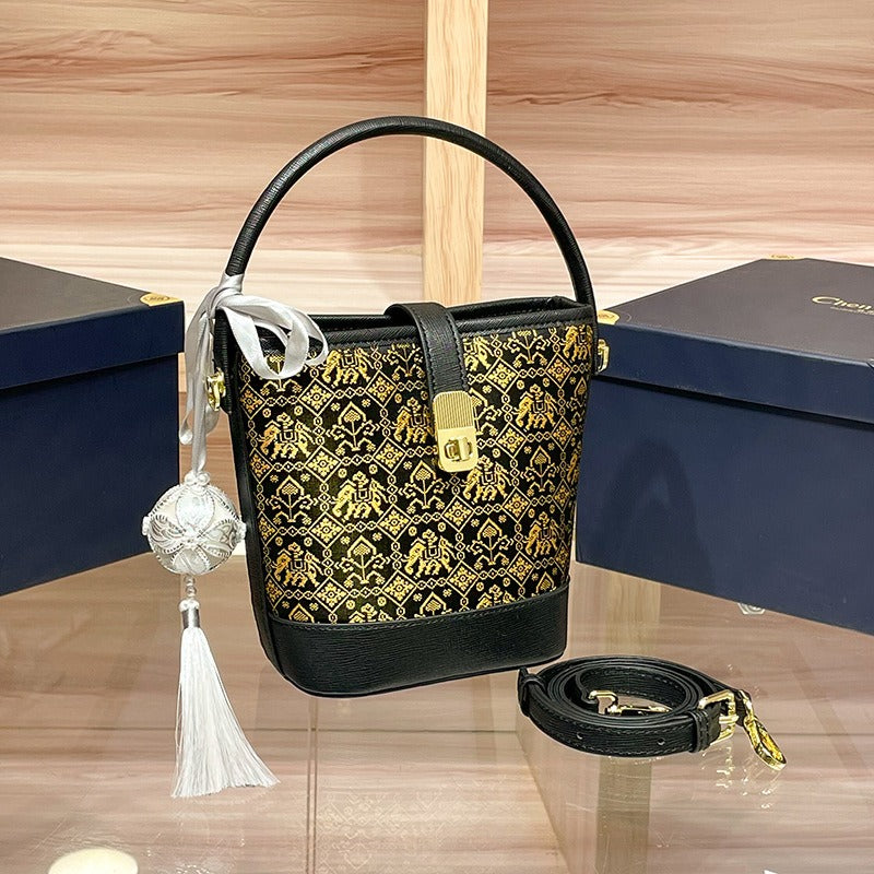 Vibrant Contrast Brocade Mini Bucket Handbag: Artisanal Crossbody Phone Pouch