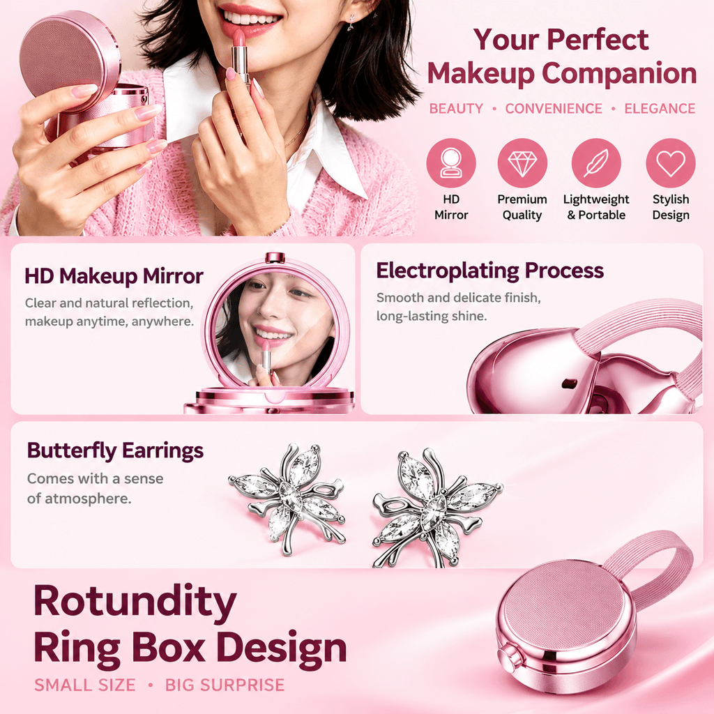 Magic Mirror 4-in-1 Ear Clip Wireless Earbuds: Crystal Butterfly Jewelry Earphones with Makeup Mirror & Pearl Chain Case