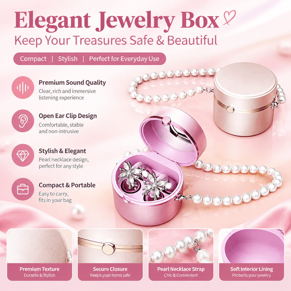 Magic Mirror 4-in-1 Ear Clip Wireless Earbuds: Crystal Butterfly Jewelry Earphones with Makeup Mirror & Pearl Chain Case