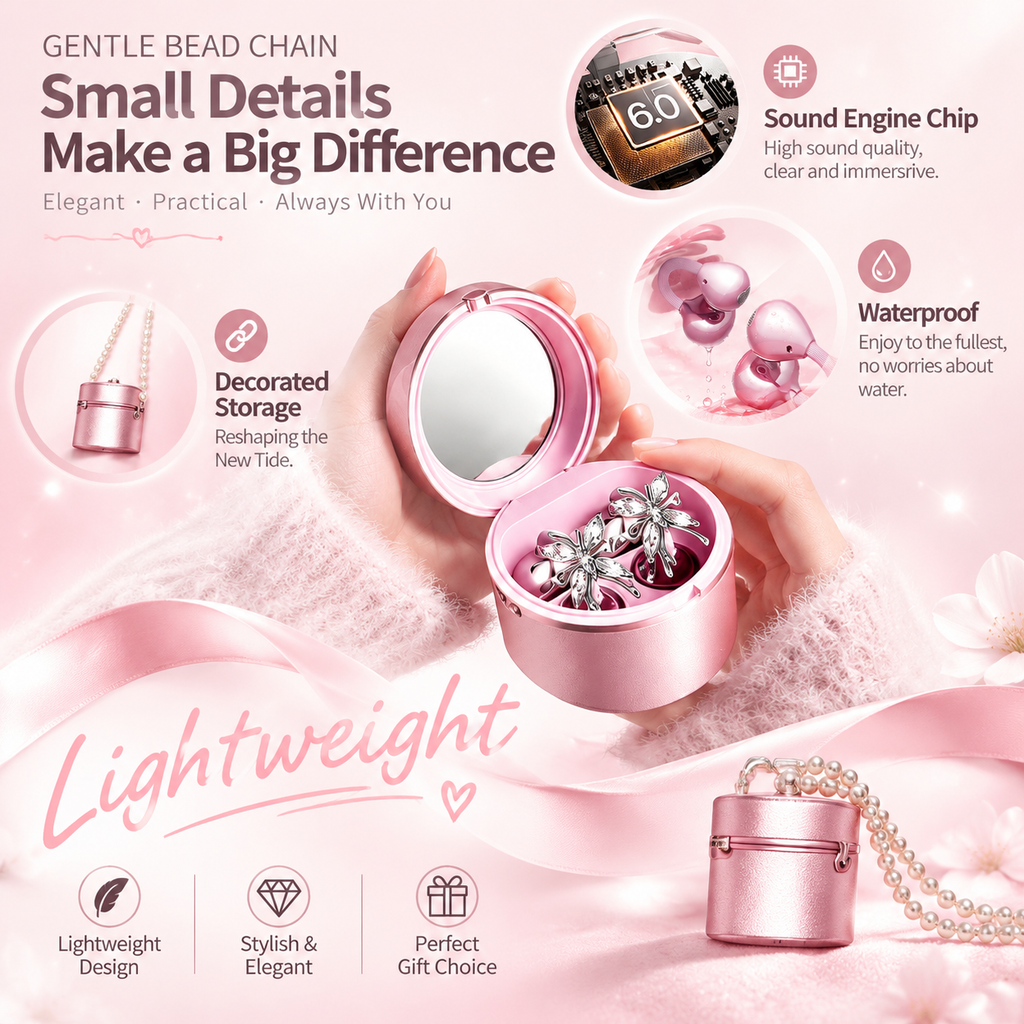 Magic Mirror 4-in-1 Ear Clip Wireless Earbuds: Crystal Butterfly Jewelry Earphones with Makeup Mirror & Pearl Chain Case