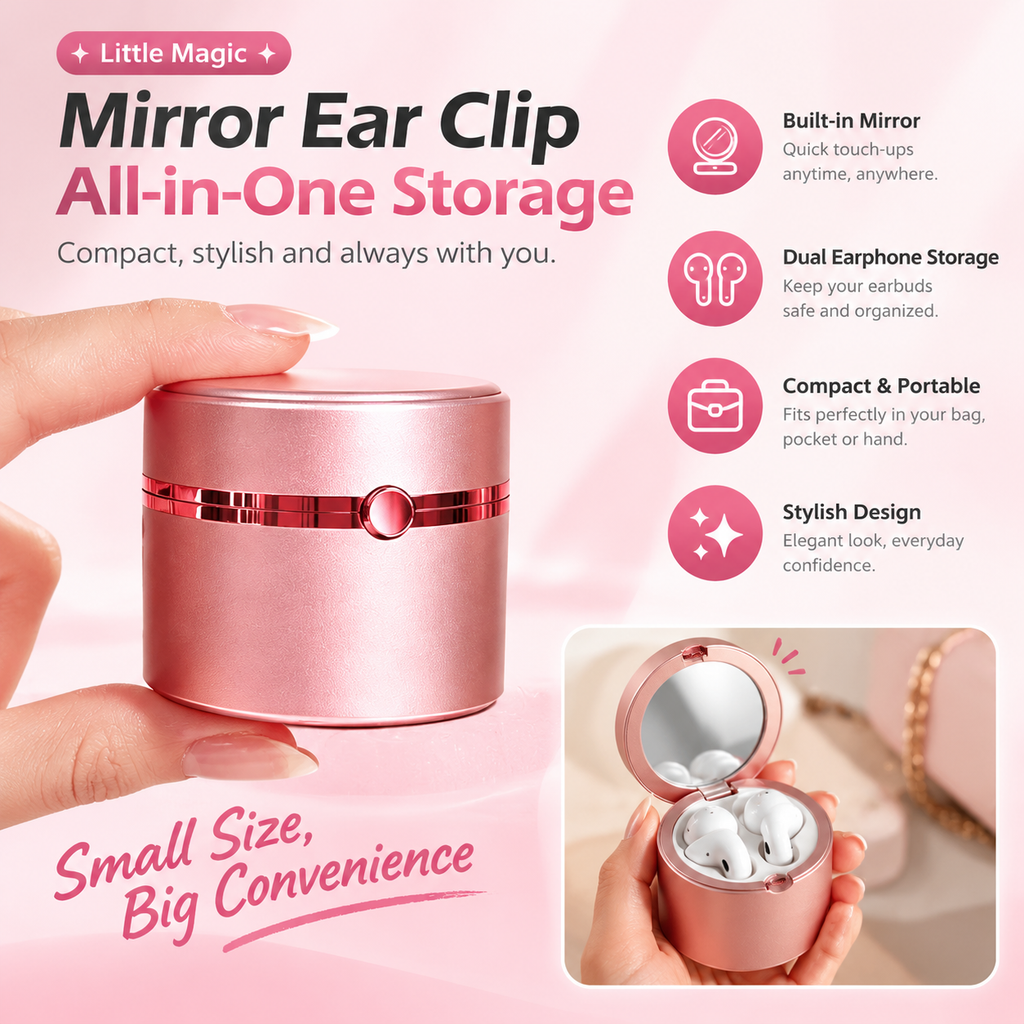 Magic Mirror 4-in-1 Ear Clip Wireless Earbuds: Crystal Butterfly Jewelry Earphones with Makeup Mirror & Pearl Chain Case