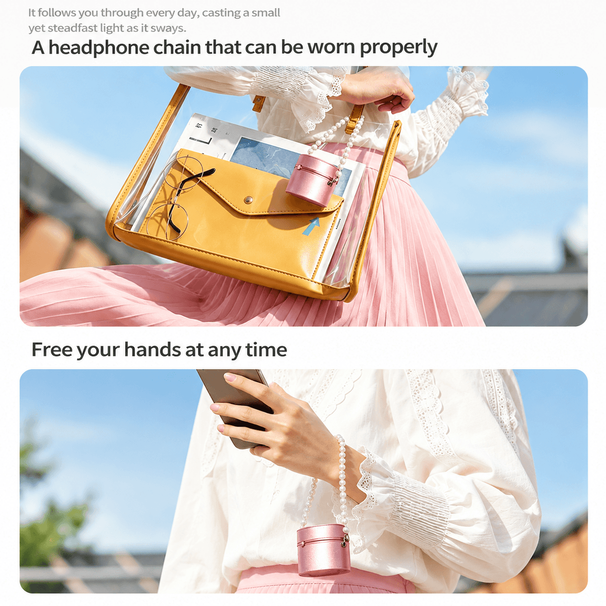 Magic Mirror 4-in-1 Ear Clip Wireless Earbuds: Crystal Butterfly Jewelry Earphones with Makeup Mirror & Pearl Chain Case
