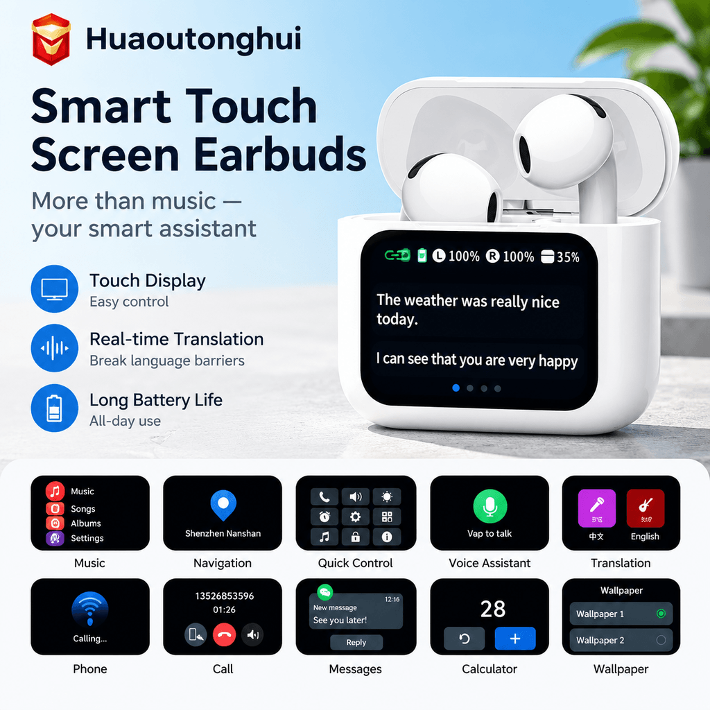 AI Wireless In-Ear Bluetooth Earphones with LCD Color Display Case, Active Noise Cancelling & Instant Voice Translation