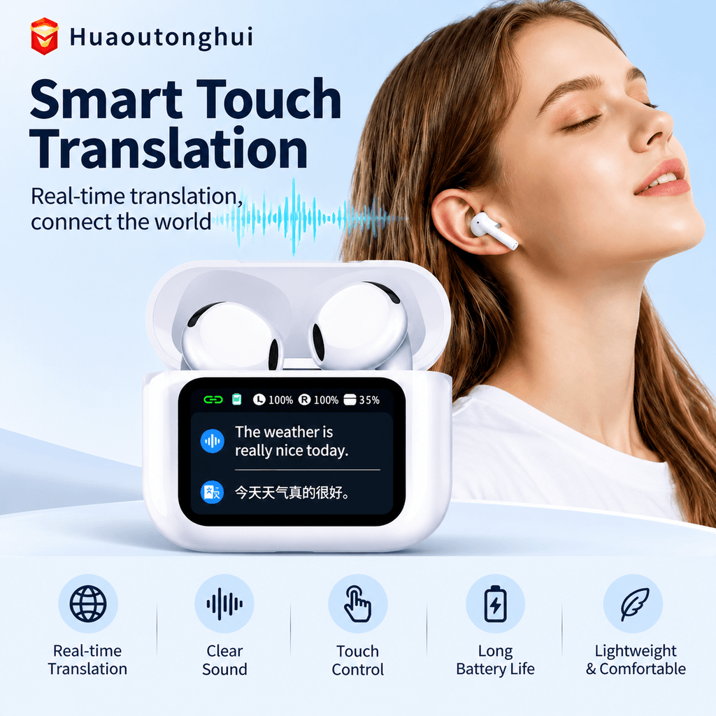 AI Wireless In-Ear Bluetooth Earphones with LCD Color Display Case, Active Noise Cancelling & Instant Voice Translation