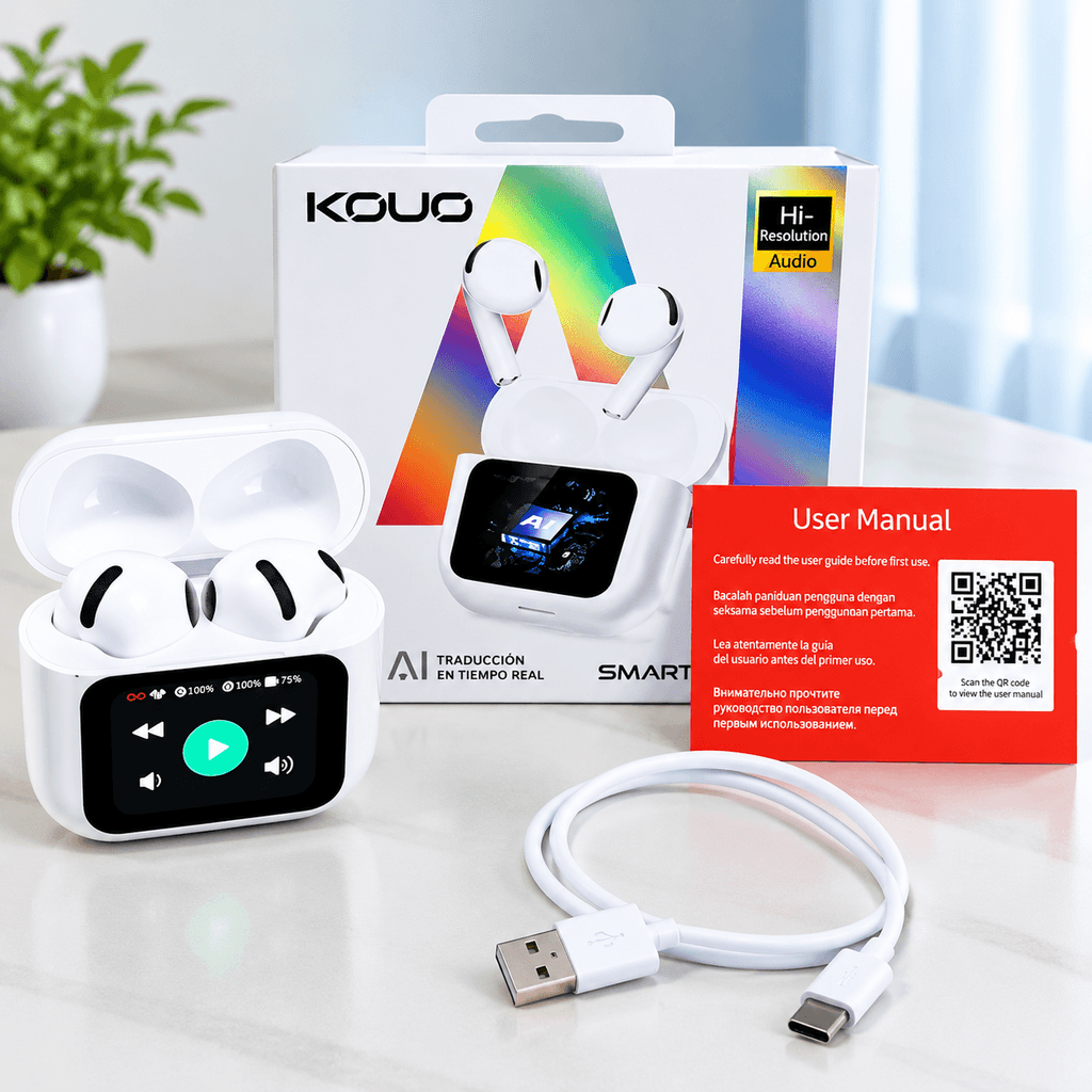 AI Wireless In-Ear Bluetooth Earphones with LCD Color Display Case, Active Noise Cancelling & Instant Voice Translation