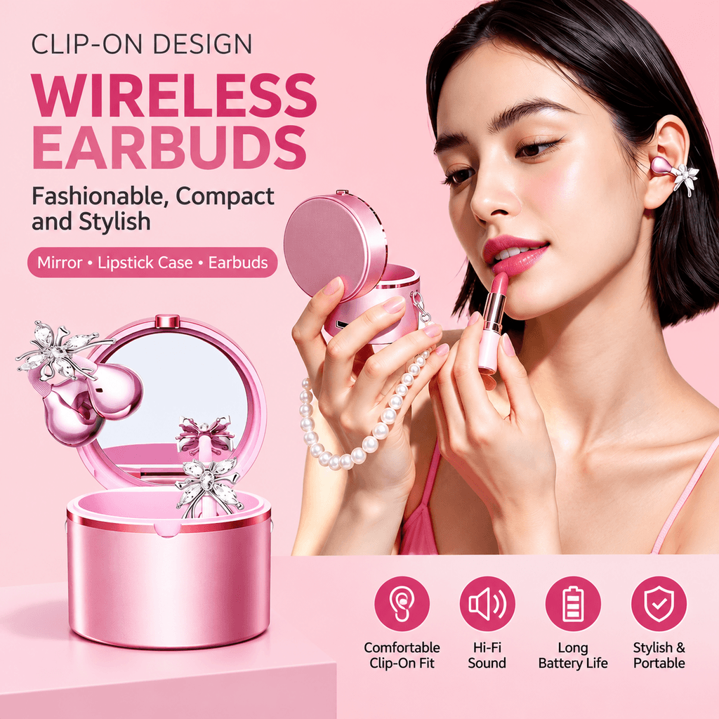 Magic Mirror 4-in-1 Ear Clip Wireless Earbuds: Crystal Butterfly Jewelry Earphones with Makeup Mirror & Pearl Chain Case