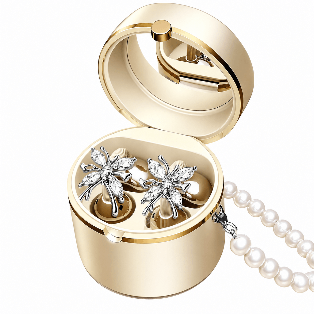 Magic Mirror 4-in-1 Ear Clip Wireless Earbuds: Crystal Butterfly Jewelry Earphones with Makeup Mirror & Pearl Chain Case