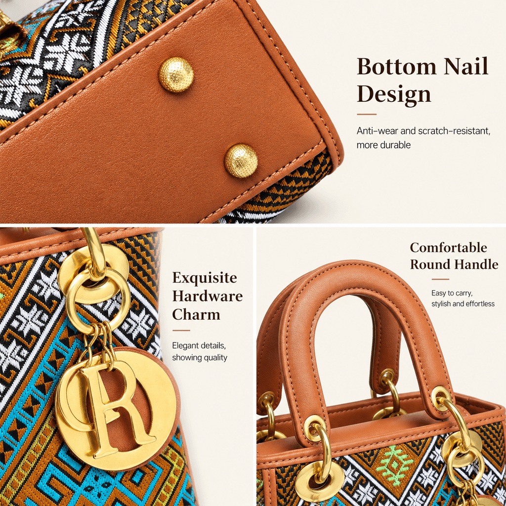 Women’s Designer Brocade Top-Handle Bag, Niche Vintage Jacquard Shoulder Crossbody Handbag with Strap
